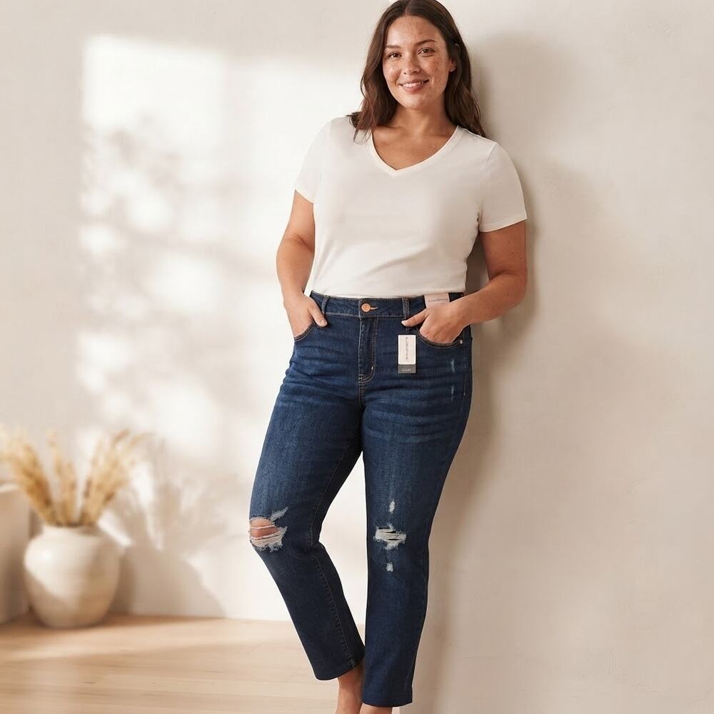 NEW Lane Bryant slim straight ankle distressed denim blue jeans plus size 14